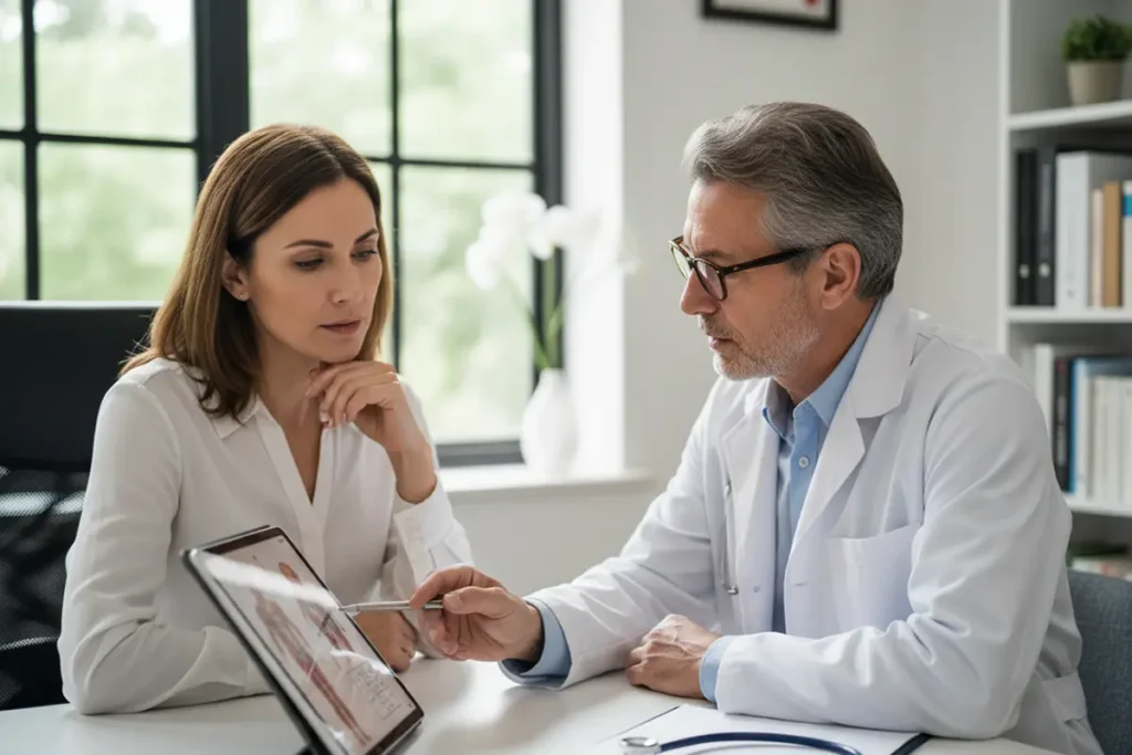 Mature doctor explaining treatment to patient at office