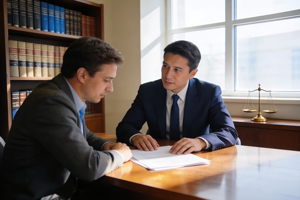 Client meeting with a medical malpractice lawyer in a professional office to discuss their case