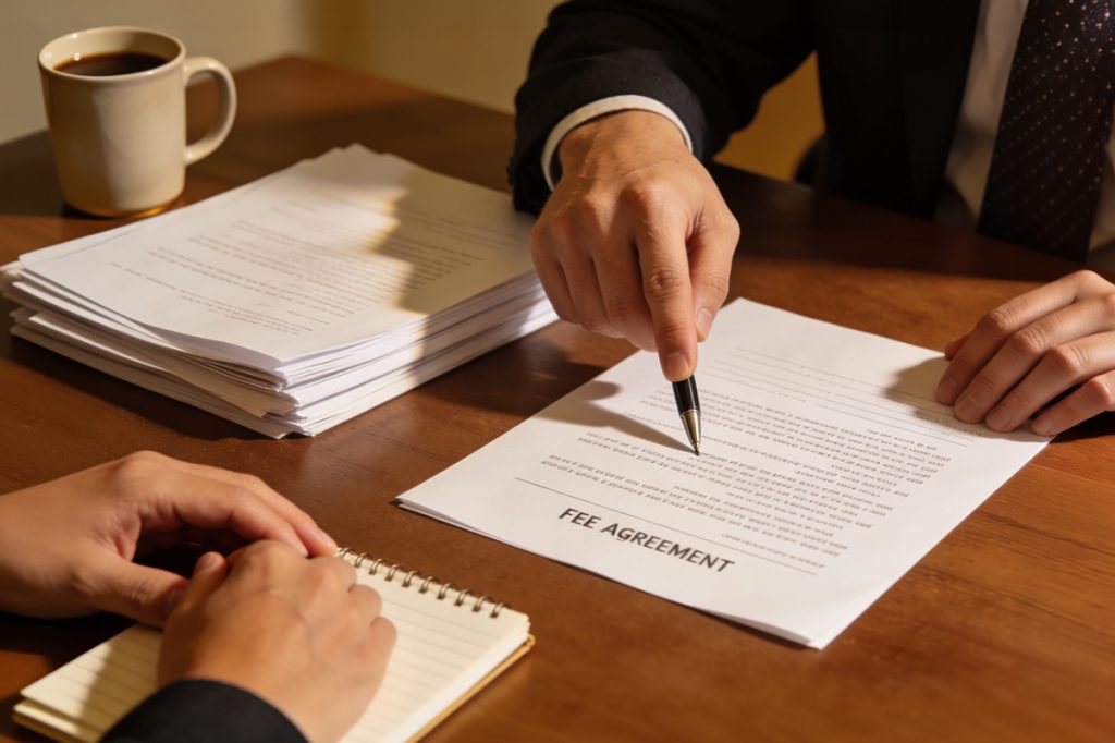 Close-up of a malpractice lawyer reviewing a fee agreement and documents with a new client