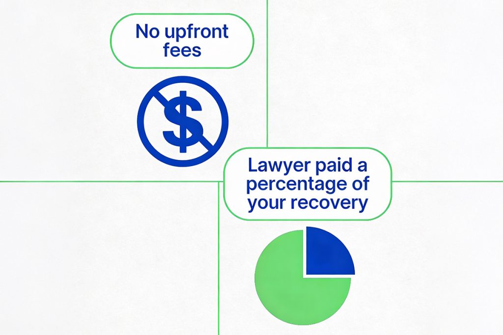 Infographic explaining how contingency fees work in a medical malpractice case, with no upfront fees and a percentage of recovery