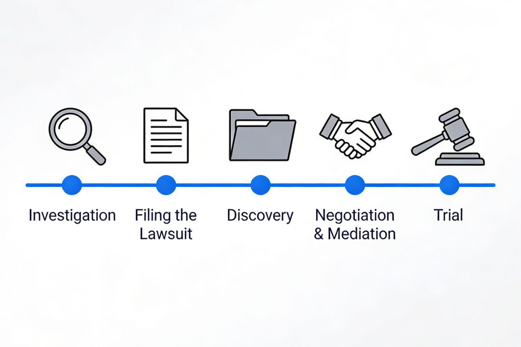 Timeline graphic showing the main stages of a U.S. medical malpractice case from investigation to trial