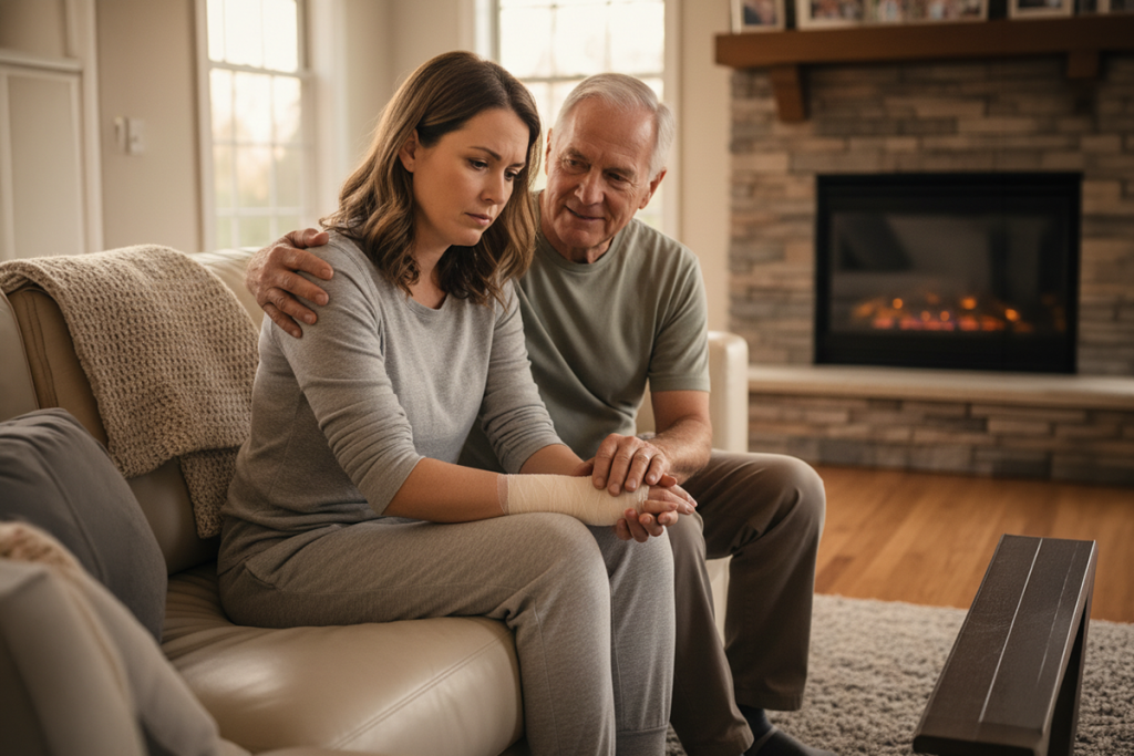 Injured patient sitting with a supportive family member at home while dealing with a medical malpractice claim